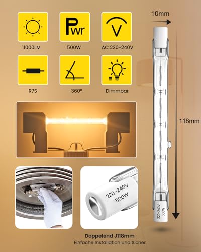 Becuri cu halogen Klarlight 500W R7s 118mm, Bec liniar reglabil cu cap