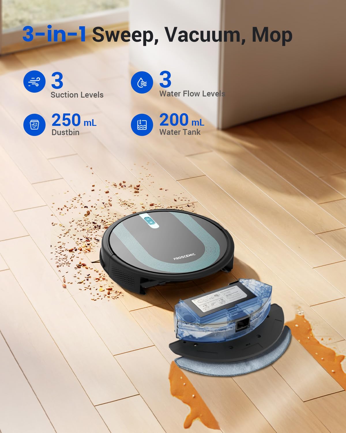 Aspirator-mop robot Proscenic 850T, putere de aspirare 3000Pa Siri & IFTTT &