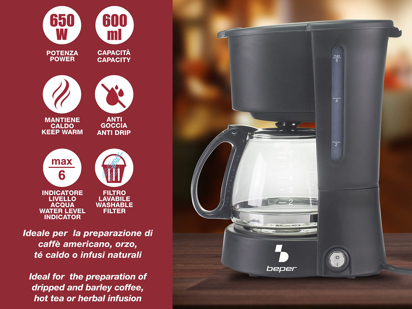 BEPER BC.060 Aparat de cafea, Filtru de cafea, 800 W, 4 cesti,