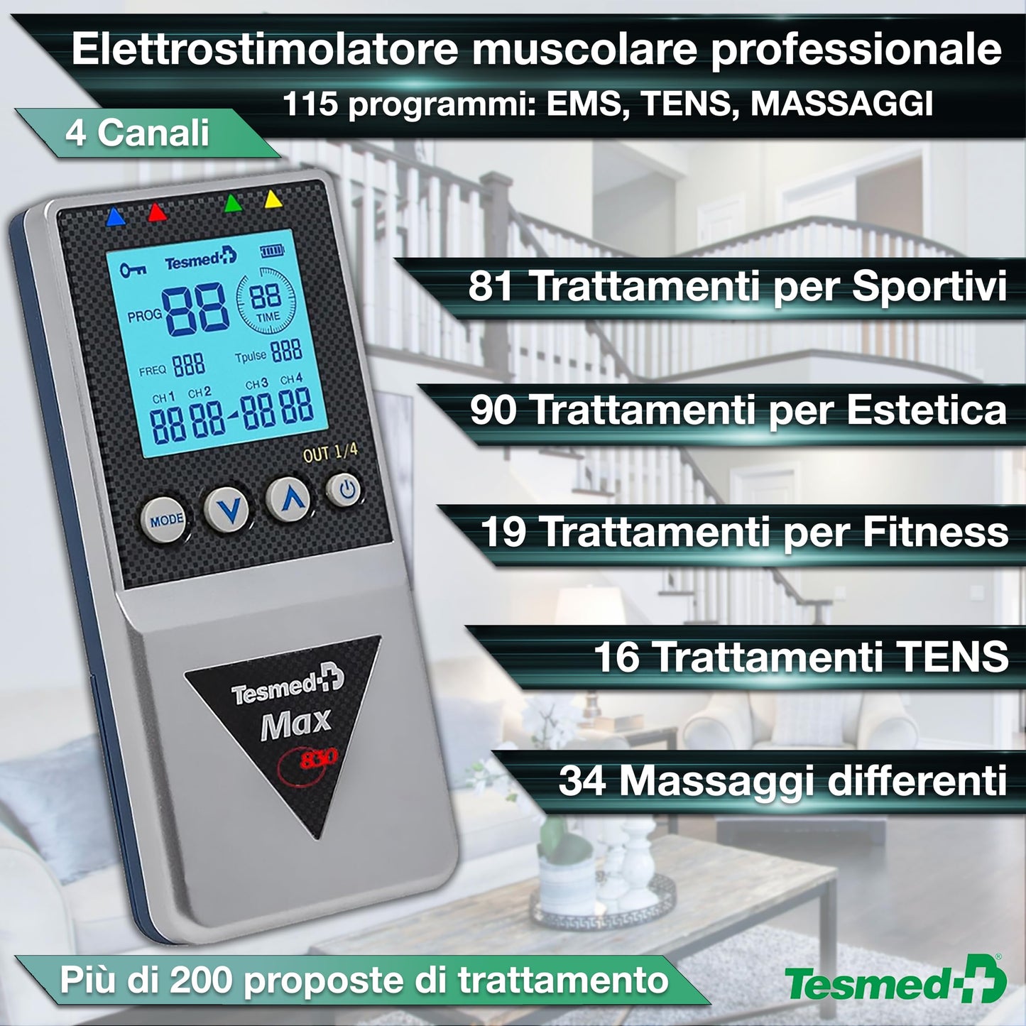 TESMED Max 830: Electrostimulator muscular profesional Tens/EMS/Masaj cu stimulari secventiale,