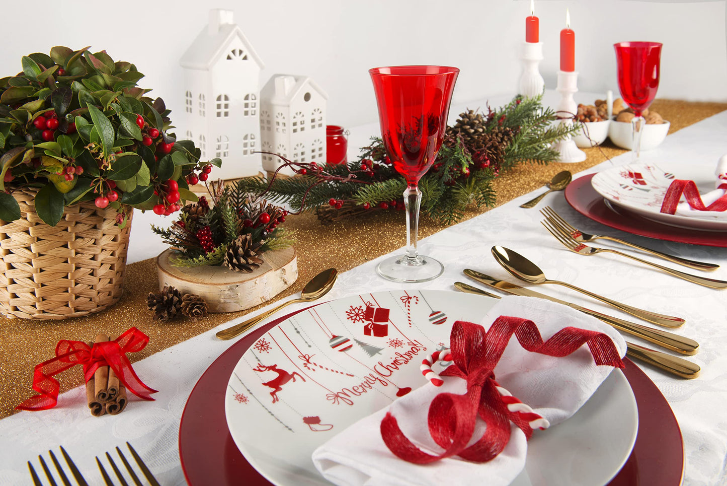 Set de vesela Merry Christmas, 18 piese, alb/rosu