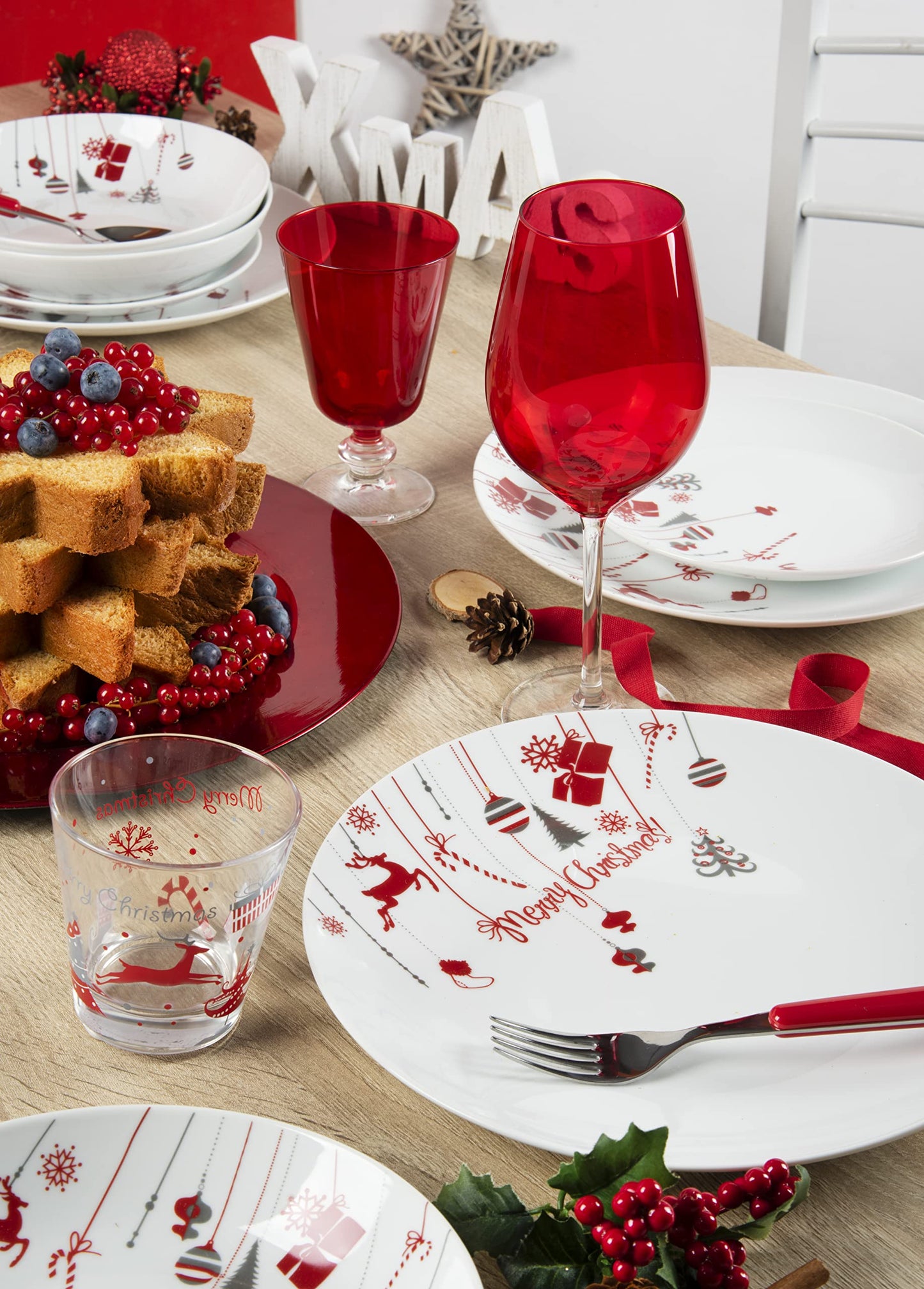 Set de vesela Merry Christmas, 18 piese, alb/rosu